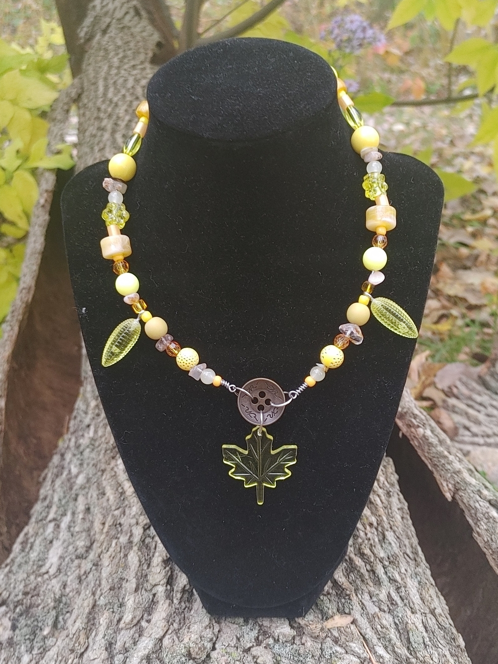 Yellow Maple Leaf + Corn Pendant Beaded Necklace